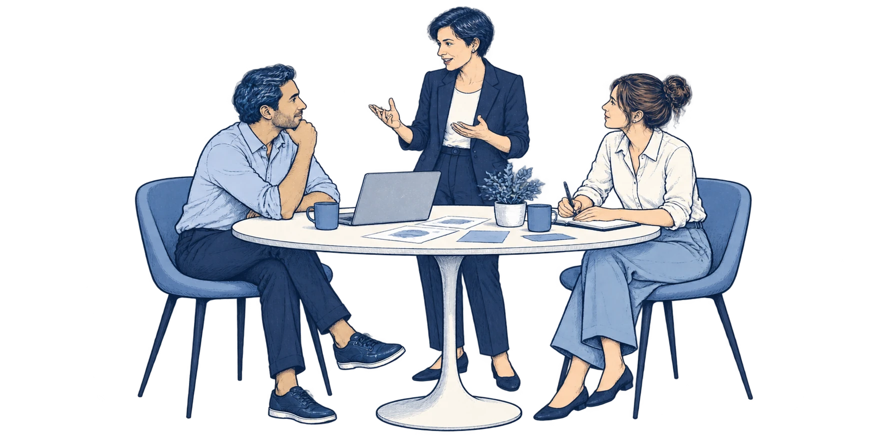 Editorial illustration of a travel technology team collaborating around a table